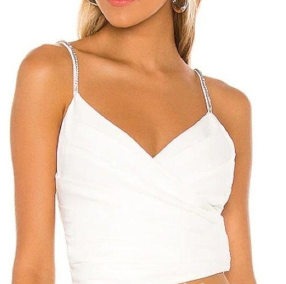 NBD White Camisole Crop Top with Sweetheart Neckline Shiny Stones‎ Straps Sz L
